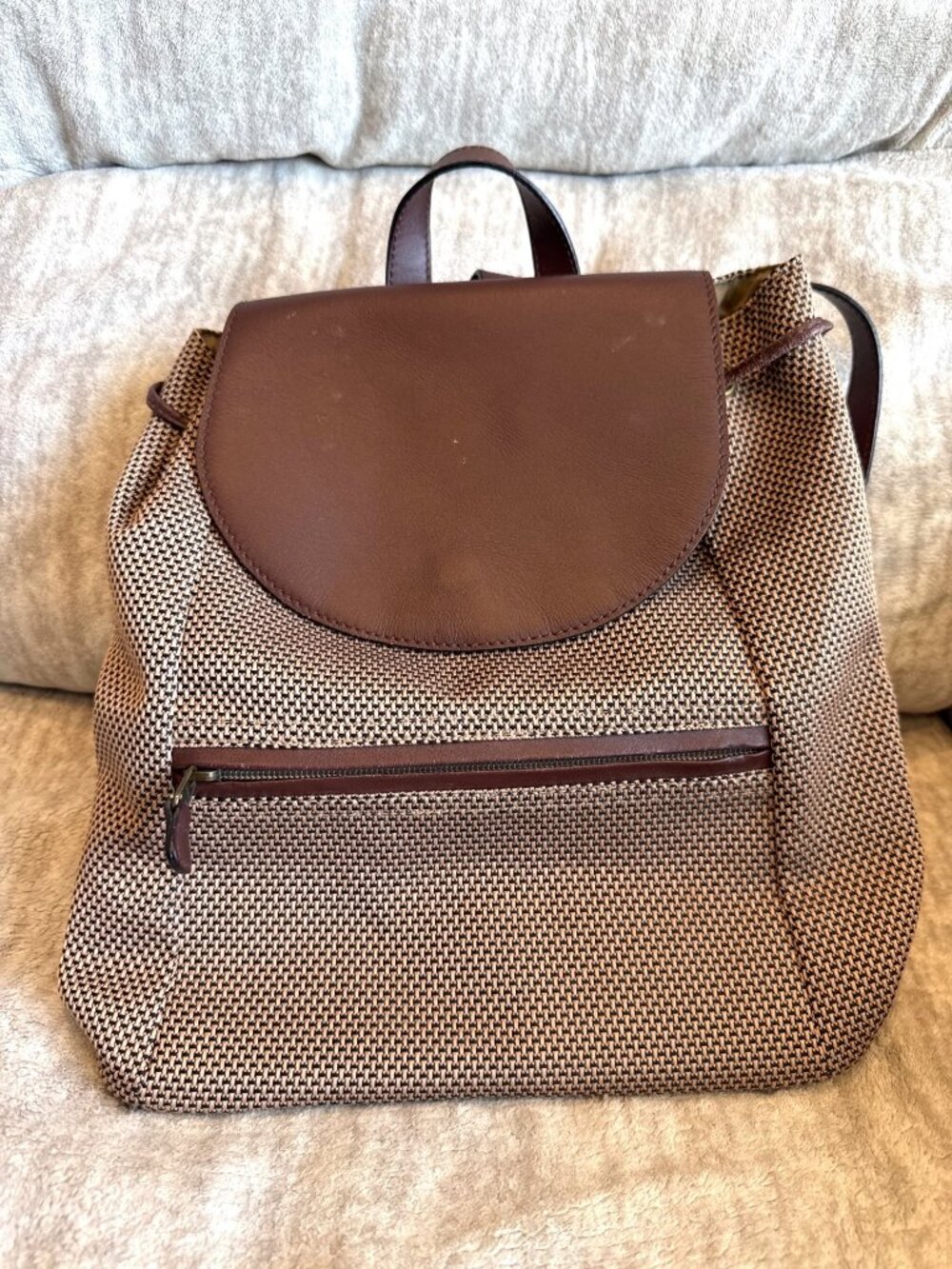 Vintage L.L. Bean Brown Woven Backpack Leather Straps Summer Travel
